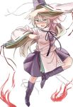  1girl boots chinese_commentary commentary fire grey_eyes grey_hair hat japanese_clothes kariginu long_hair long_sleeves mononobe_no_futo open_mouth pom_pom_(clothes) ponytail purple_boots purple_hat purple_skirt pyrokinesis ribbon-trimmed_sleeves ribbon_trim simple_background skirt solo tate_eboshi touhou tuck_(tuck23978434) white_background wide_sleeves 
