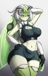 1girl absurdres antennae arielumen arthropod_girl black_sclera black_shirt black_shorts braid breasts cleavage_cutout clothing_cutout colored_sclera colored_skin curvy extra_arms green_eyes green_hair green_skin hair_between_eyes highres indie_virtual_youtuber juniper_actias juniper_actias_(space_invader) large_breasts looking_at_viewer monster_girl moth_antennae moth_girl navel shirt short_eyebrows shorts sleeveless sleeveless_shirt smile solo thick_thighs thighs twin_braids virtual_youtuber white_hair wide_hips 