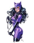  1girl animal_ear_helmet animal_helmet batman_(series) black_hair cat_helmet catsuit catwoman dc_comics holding holding_whip kath_lobo leather_suit long_hair solo very_long_hair whip 