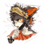  01apathy 1boy aak_(arknights) animal_ears arknights cat_ears commentary_request fangs furry furry_male headband highres komainu_boy looking_at_viewer male_focus mask mouth_mask open_mouth orange_shirt shirt upper_body white_background yellow_headband 