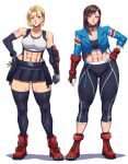  2girls abs bare_shoulders black_hair black_pants black_skirt black_sports_bra blonde_hair blue_eyes blue_jacket breasts cammy_white cammy_white_(cosplay) commentary cosplay costume_switch crop_top earrings elbow_pads english_commentary final_fantasy final_fantasy_vii final_fantasy_vii_remake fingerless_gloves gloves jacket jewelry large_breasts long_hair luchidart midriff multiple_girls muscular muscular_female pants red_eyes scar scar_on_cheek scar_on_face single_arm_guard single_elbow_pad skirt smile sports_bra street_fighter street_fighter_6 suspender_skirt suspenders suspenders_gap tank_top teardrop_earrings tifa_lockhart tifa_lockhart_(cosplay) white_tank_top 