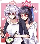  2girls absurdres ahoge apron black_hair black_shirt blue_archive blush bow braid breasts commentary demon_horns egg_(food) english_commentary english_text food frying_pan fuuka_(blue_archive) hair_between_eyes hair_bow hair_bun hair_on_horn halo haruna_(blue_archive) highres holding holding_frying_pan holding_spatula horns kumori0_(cloudy) large_breasts long_hair looking_down multiple_girls red_bow red_eyes red_halo shirt single_bare_shoulder single_braid single_hair_bun slit_pupils spatula speech_bubble sweat teeth white_apron white_hair white_shirt yuri 
