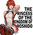  1girl arm_behind_head arm_up armpit_crease armpits bare_arms boots breasts commentary_request dress english_text eyelashes fire_emblem fire_emblem_fates highres hinoka_(fire_emblem) invisible_chair looking_at_viewer medium_breasts mixed-language_commentary nanbu_yasumi orange_eyes princess red_boots red_dress red_hair short_dress short_hair sitting sleeveless sleeveless_dress solo thick_thighs thigh_boots thighs two-tone_dress white_background white_dress 