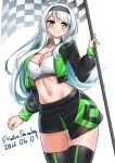  1girl absurdres bandeau black_jacket black_skirt black_thighhighs breasts checkered_flag cosplay cowboy_shot cropped_jacket dated flag highres holding holding_flag jacket kantai_collection katou_shinobu large_breasts long_hair multicolored_skirt race_flag race_queen shoukaku_(kancolle) skirt smile solo strapless thighhighs tube_top twitter_username two-tone_skirt white_bandeau white_hair white_tube_top yellow_eyes zuikaku_(kancolle) zuikaku_(kancolle)_(cosplay) zuikaku_(race_queen)_(kancolle) 