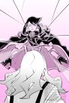  2boys :o a-pose cape closed_eyes commentary_request cowlick crack gibeon_(pokemon) gloves gradient_background highres jacket long_hair long_sleeves lucius_(pokemon) male_focus mikan_bako monochrome multiple_boys open_mouth pokemon pokemon_(anime) pokemon_horizons sidelocks watermark 