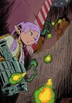  1girl alien aqua_eyes around_corner assault_rifle backlighting battle brown_armor capelet closed_mouth commentary crossover dated earrings east-west_crossover elf energy_weapon english_commentary firing frieren from_below frown gem glowing glowing_eyes gold_trim grenade_launcher gun high_collar highres holding holding_gun holding_weapon hunter_(marathon) indoors jewelry kanokoga long_hair long_pointy_ears looking_at_another marathon_(1994) marathon_(series) parted_bangs pink_hair pointy_ears red_gem rifle science_fiction serious shadow shoulder_cannon sideways_glance signature sketch sousou_no_frieren spiral_staircase stairs story_in_commentary taking_cover teardrop_earrings twintails underbarrel_grenade_launcher upper_body upturned_eyes weapon white_capelet 