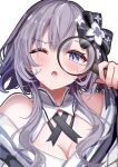  1girl absurdres blue_eyes bow breasts commentary detective english_commentary grey_hair hair_bun highres holding holding_magnifying_glass hololive hololive_indonesia long_hair looking_at_viewer magnifying_glass medium_breasts official_alternate_costume one_eye_closed rokusketch shirt short_hair solo vestia_zeta vestia_zeta_(new_year) virtual_youtuber 