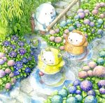  artist_name bear bird black_eyes blue_bow blue_bowtie blush bow bowtie commentary_request flower from_above no_humans original outdoors painting_(medium) polar_bear raincoat reflection st.kuma traditional_media umbrella water watercolor_(medium) 