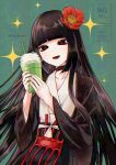  1girl black_eyes black_hair black_kimono blunt_bangs breasts choker commentary_request cup disposable_cup eyeliner fate/grand_order fate_(series) flower hair_flower hair_ornament highres japanese_clothes kimono komahime_(fate) layered_kimono long_hair long_sleeves looking_at_viewer makeup obi open_mouth sash small_breasts smile solo sparkle tawashiyayoi very_long_hair white_kimono wide_sleeves 