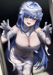  1girl absurdres arcana_(nikke) bandage_on_hair bandaged_chest bandaged_head bandaged_torso bandages bare_shoulders blue_eyes blue_hair blush breasts claw_pose cleavage commentary fang goddess_of_victory:_nikke halloween_costume highres large_breasts long_hair looking_at_viewer mummy mummy_costume naked_bandage navel open_mouth skin_fang small_chair_(xiaosaiyi33818) smile solo stomach very_long_hair 