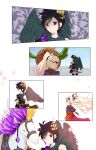  1girl absurdres ahoge angel angel_wings black_hair black_scarf commentary_request dark_pit dress flower hair_flower hair_ornament highres horns kid_icarus kid_icarus_uprising looking_at_another nemu_(ut_kakinotane) nutski peeking_out purple_flower purple_rose red_dress red_eyes rose scarf shaded_face silver_bow_(kid_icarus) single_horn translation_request unicorn viridi wings 