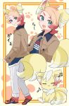  1boy :d alternate_color animal_ears blonde_hair blue_eyes blue_shirt brown_jacket closed_mouth commentary_request highres jacket long_sleeves male_focus meowstic meowstic_(male) multiple_views musical_note open_clothes open_jacket open_mouth pants paw_print pink_shoes pokemon pokemon_(creature) pokemon_legends:_z-a print_shirt ryokukoucha shiny_pokemon shirt shoes smile standing tail urbain_(pokemon) 