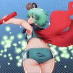 1girl antennae ass black_cape blush buruma cape commentary_request cowboy_shot from_behind green_buruma green_eyes green_hair highres holding_relay_baton matty_(zuwzi) open_mouth polka_dot polka_dot_background red_cape relay_baton short_hair solo sweat touhou track_uniform turning_head two-sided_cape two-sided_fabric wriggle_day wriggle_nightbug 