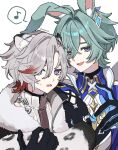  2boys :d ahoge animal_ear_fluff animal_ears aqua_hair arm_on_another's_shoulder artist_name black_choker black_gloves blue_coat blue_eyes blue_gloves blue_shirt choker coat collared_shirt commentary_request crossed_bangs earrings fang fur-trimmed_coat fur_trim genshin_impact gloves gold_trim grey_coat grey_hair hair_between_eyes hair_intakes hand_up highres holding_own_tail illuga_(genshin_impact) jewelry lohen_(genshin_impact) long_sleeves looking_at_viewer male_focus mole mole_under_eye multicolored_eyes multicolored_gloves multicolored_hair multiple_boys musical_note open_clothes open_coat open_mouth parted_bangs purple_eyes rabbit_boy rabbit_ears red_hair ribbed_sweater ring shirt short_hair single_earring skin_fang sleeveless sleeveless_sweater smile snow_leopard_boy snow_leopard_ears snow_leopard_tail speech_bubble spoken_musical_note susukeya sweatdrop sweater tail turtleneck turtleneck_sweater twitter_username two-tone_gloves two-tone_hair upper_body white_background white_shirt white_sweater wing_collar 