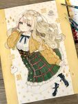  1girl absurdres ahoge black_bow black_bowtie black_shoes blonde_hair bow bowtie braid check_commentary choco_(shigure_ui_(vtuber)) collared_shirt commentary_request frilled_skirt frills green_eyes green_skirt hair_ornament highres indie_virtual_youtuber jumping llatteowo looking_at_viewer mary_janes paintbrush painting_(medium) pantyhose pom_pom_(clothes) pom_pom_hair_ornament shigure_ui_(vtuber) shirt shoes single_braid skirt solo sweater toro_(shigure_ui_(vtuber)) traditional_media virtual_youtuber watercolor_(medium) white_pantyhose white_shirt yellow_sweater 