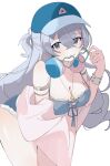  1girl baseball_cap blue_hat breasts bronya_zaychik bronya_zaychik_(silverwing:_n-ex) bronya_zaychik_(summer_2026) cleavage denim denim_bikini denim_shorts grey_eyes grey_hair hat headphones highres honkai_(series) honkai_impact_3rd large_breasts long_hair looking_at_viewer official_alternate_costume shorts simple_background solo thighs tukuti very_long_hair white_background 