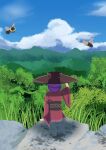  1girl absurdres bee black_sash bowl bowl_hat bug cloud commentary_request from_behind gasubanana grass hat highres hill japanese_clothes kimono long_sleeves mini_person obi partial_commentary purple_hair red_kimono rock sash short_hair sitting sukuna_shinmyoumaru touhou tree wide_brim wide_sleeves 