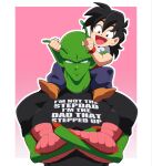  2boys antennae black_eyes black_hair brown_shoes carrying child clothes_writing colored_skin commentary crossed_arms dragon_ball dragon_ball_z english_commentary english_text frown green_skin highres male_focus multiple_boys otagothic piccolo pink_background pointy_ears serious shoes shoulder_carry son_gohan 