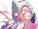  1girl animal_hat blush cat_hat cat_tail commentary dot_nose fangs gloves green_eyes hat highres looking_at_viewer nijisanji nijisanji_idol_uniform nijisanji_kr open_mouth pink_hair pome_charo simple_background solo tail untranslatable_commentary virtual_youtuber white_background yang_nari 