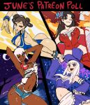  animal_print ass bare_shoulders blue_eyes blue_one-piece_swimsuit bracelet breasts brown_eyes brown_hair capcom_fighting_jam chun-li chun-li_(ssf2_swimsuit) cleavage commentary dark-skinned_female dark_skin detached_sleeves double_bun earrings elena_(sf6_outfit_4)_(street_fighter) elena_(street_fighter) english_commentary fatal_fury flower frills hair_bun hair_flower hair_ornament hat ingrid_(capcom) ingrid_(midnight_bliss)_(capcom) jewelry large_breasts long_hair looking_at_viewer midnight_bliss navel official_alternate_costume one-piece_swimsuit shiranui_mai short_hair shorts smile street_fighter street_fighter_6 swimsuit the_king_of_fighters thighs top_hat wanderjegson white_hair 