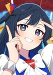  1girl black_hair blush burn!!_(love_live!) daikuro_(adddaik) english_commentary grey_eyes grin hair_ornament highres long_hair looking_at_viewer love_live! love_live!_nijigasaki_high_school_idol_club love_live!_nijigasaki_high_school_idol_club_the_movie_-_finale one_side_up portrait sidelocks smile solo upper_body yuki_setsuna 