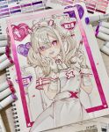  1girl absurdres art_tools_in_frame bandaid bandaid_on_arm blonde_hair blood blood_bag blush commentary_request gloves hair_ornament hands_up hat highres holding holding_syringe llatteowo marker_(medium) nijisanji nurse nurse_cap open_mouth pink_eyes shirt skirt solo sukoya_kana sukoya_kana_(1st_costume) syringe traditional_media twintails virtual_youtuber white_background white_gloves white_shirt white_skirt white_wrist_cuffs wrist_cuffs x_hair_ornament 