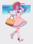  1girl absurdres bag blue_eyes bow bowtie brown_bag brown_hat cloud_print commentary cup disposable_cup drinking_straw elbow_carry english_text full_body hand_on_headwear hat high-waist_skirt high_heels highres holding holding_bag holding_cup kanafumi_(spindle) kirby kirby_(series) lace-trimmed_shirt lace-trimmed_skirt lace_trim open_mouth personification pink_hair pink_shoes pink_skirt print_skirt puritan_collar red_bow red_bowtie shirt shoes short_hair short_sleeves skirt smile socks solo standing star_(symbol) star_in_eye star_print suspender_skirt suspenders symbol_in_eye untranslatable_commentary walking white_shirt white_socks wide_sleeves 