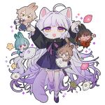  ahoge animal_ears cat_ears cat_tail chibi commentary_request cowenna grey_hair korean_commentary long_hair m2ttol mabinogi multicolored_eyes rowan_(mabinogi) simple_background smile tail two-tone_eyes 