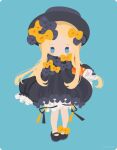  1girl abigail_williams_(fate) abigail_williams_(first_ascension)_(fate) black_bow black_hat black_shoes black_sleeves blonde_hair bloomers blue_background bow commentary fate/grand_order fate_(series) frilled_sleeves frills full_body hair_bow hat long_hair long_sleeves looking_at_viewer multiple_hair_bows no_lineart rizu_(rizunm) shoes simple_background sleeves_past_fingers sleeves_past_wrists solo standing white_bloomers yellow_bow 