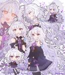  ahoge chibi commentary_request fingerless_gloves gloves grey_hair korean_commentary long_hair m2ttol mabinogi multicolored_eyes multiple_views rowan_(mabinogi) smile two-tone_eyes 