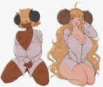  2girls absurdres ahoge anila_(granblue_fantasy) armpit_crease blush breasts cleavage commission dark-skinned_female dark_skin eyebrows_hidden_by_hair full_body goat_horns granblue_fantasy hair_over_eyes highres horns huge_breasts long_hair looking_at_viewer multiple_girls one_eye_closed open_mouth rubbing_eyes seiza shirt short_eyebrows short_hair simmsy simple_background sitting sketch thick_eyebrows very_long_hair white_background white_shirt 