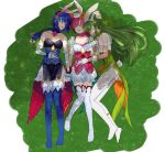  3girls absurdres animal_ear_hairband animal_ears aqua_flower armpit_crease bare_shoulders black_dress black_leotard blue_choker blue_dress blue_hair blue_thighhighs breast_press breasts catria_(fire_emblem) catria_(spring_whitewing)_(fire_emblem) choker cleavage closed_eyes clothing_cutout collarbone cuddling dress elbow_gloves est_(fire_emblem) est_(spring)_(fire_emblem) fake_animal_ears farah_o_0 fire_emblem fire_emblem:_mystery_of_the_emblem fire_emblem_heroes flower flower_hairband flower_hairpin flower_pin from_above gem gloves gold_trim grass green_choker green_hair green_leotard hairband highres holding_another's_arm holding_hands interlocked_fingers leotard long_hair looking_at_another lying medium_breasts multicolored_leotard multiple_girls no_shoes official_alternate_costume on_back on_side orange_flower outdoors palla_(fire_emblem) palla_(spring)_(fire_emblem) pantyhose pink_choker pink_flower pink_hair pink_shirt puffy_shorts red_trim sheer_sleeves shin_strap shirt short_dress short_shorts shorts side_slit sleeping sleeping_together small_breasts thighhighs thighs two-tone_leotard two-tone_shirt white_gloves white_pantyhose white_shirt white_shorts white_thighhighs yellow_flower yellow_gem 