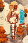  1girl absurdres aged_up arms_behind_back asuna_(sao) ball_gag bdsm blindfold bondage bound bound_arms bound_legs braid breast_cutouts breasts character_age character_name commentary dankestofdans english_commentary english_text gag gagged half_up_braid height high_heels highres immobilization large_breasts laughing_coffin legbinder leotard measurements nipples orange_hair restrained solo stats sword_art_online three_sizes variant_set_available weight white_leotard wide_hips 