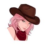  1girl bandana brown_hat chococurrent closed_mouth commentary cowboy_hat english_commentary eyelashes green_eyes haruno_sakura hat head_tilt highres looking_at_viewer medium_hair naruto_(series) pink_hair pink_lips red_bandana simple_background 