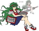  1other androgynous armor bare_legs black_tank_top blue_hakama breastplate brown_headband chinese_text collared_socks flat_color full_body green_hair hakama hakama_short_skirt hakama_skirt hand_on_own_knee happy headband highres japanese_armor japanese_clothes kusazuri len'en long_hair looking_ahead messy_hair okobo other_focus otogisum3 platform_sandals red_eyes red_sandals reference_inset sandals simple_background sketch skirt slit_pupils socks solo taira_no_fumikado tank_top translation_request very_long_hair white_background white_socks 