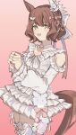  1girl animal_ears aston_machan_(everlasting_candy)_(umamusume) aston_machan_(umamusume) bare_shoulders blush breasts brown_hair choker commentary_request crown dress ear_covers green_eyes hair_between_eyes hair_ornament heart heart_choker heart_ornament highres horse_ears horse_girl horse_tail kiri_rio7 looking_at_viewer official_alternate_costume open_mouth short_hair single_ear_cover smile solo tail thighhighs umamusume white_thighhighs wing_hair_ornament 