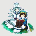  2girls animal_ear_hood belt belt_buckle black_pantyhose blue_belt blue_eyes blue_hair blue_hat blue_hood blue_jacket book brown_hair buckle cape closed_mouth colored_eyelashes commentary detached_wings dress ear_wings gloves grass grey_background hat highres holding holding_book hood hood_up jacket kanafumi_(spindle) kirby's_return_to_dream_land kirby_(series) knees_up looking_at_another lor_starcutter magolor mecha_musume mechanical_wings metal_trim multiple_girls on_ground open_book open_mouth pantyhose personification robot_ears shoes short_hair sitting smile star-shaped_pupils star_(symbol) symbol-shaped_pupils untranslatable_commentary white_cape white_dress white_shoes winged_shoes wings yellow_eyes yellow_gloves yokozuwari 