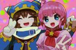  2girls ^_^ ahoge animal_ear_hood belt belt_buckle black_shirt blue_belt blue_eyes blue_hood blue_jacket bow bowtie brown_hair buckle bug capiller_(kirby) caterpillar center_frills closed_eyes commentary frilled_shirt frills gloves hand_up hands_up holding_bug hood hood_up jacket kanafumi_(spindle) kirby kirby_(series) looking_at_viewer magolor multiple_girls open_mouth personification pink_hair pink_shirt portrait prank puffy_short_sleeves puffy_sleeves red_bow red_bowtie shirt short_hair short_sleeves smile star_(symbol) star_in_eye symbol_in_eye untranslatable_commentary v w white_gloves 