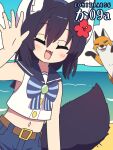  1girl :d animal animal_ear_fluff animal_ears arm_up belt belt_buckle beret black_hair black_sailor_collar blue_bow blue_shorts blue_sky blush bow brooch brown_belt buckle closed_eyes cloud comitia_156 commentary_request day facing_viewer fang flower fox fox_ears fox_girl fox_tail hair_between_eyes hair_flower hair_ornament hat hibiscus highres horizon jewelry midriff navel original outdoors red_flower sailor_collar saisoku_no_yukkuri shirt short_shorts shorts sky sleeveless sleeveless_shirt smile solo striped_bow tail water white_hat white_shirt 