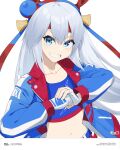  1girl absurdres animal_ears blue_eyes blue_hairband blue_jacket blue_sports_bra collarbone commentary_request ear_covers fingerless_gloves fist_in_hand gloves grey_hair grin hair_between_eyes hairband headband highres horse_ears horse_girl jacket lightning_bolt_print lightning_bolt_symbol long_hair long_sleeves midriff multicolored_hairband navel open_mouth pants red_headband rifyaa simple_background smile sports_bra striped_clothes striped_hairband tamamo_cross_(fast_as_lightning)_(umamusume) tamamo_cross_(umamusume) teeth two-tone_hairband umamusume very_long_hair white_background white_pants 