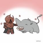  1other :d ^_^ ambiguous_gender armor armored_boots boots breastplate brown_helmet chibi chihuri closed_eyes commentary_request crucible_knight elden_ring elden_ring:_shadow_of_the_erdtree flower gauntlets golden_hippopotamus gradient_background helm helmet monster pauldrons pink_background pink_flower sharp_teeth shoulder_armor signature smile solo standing teeth white_background 