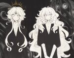  2girls black_background black_dress black_jacket buttons charlotte_wiltshire charlotte_wiltshire_(oracle) closed_mouth commentary disembodied_linked_eye dress halo hello_charlotte jacket light_blush long_sidelocks long_sleeves looking_at_another messy_hair minuiyeo multiple_girls multiple_persona no_pupils open_mouth own_hands_together shirt short_hair short_hair_with_long_locks sidelocks tendril third_eye too_many_eyes turtleneck turtleneck_shirt very_long_sidelocks wavy_hair white_eyes white_hair white_shirt yellow_halo 