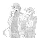  +_+ ... 2boys alternate_costume alternate_hairstyle bag belt blade_(honkai:_star_rail) blush caelus_(honkai:_star_rail) closed_mouth coat collarbone covered_collarbone cowboy_shot cup disposable_coffee_cup disposable_cup earrings eating empty_eyes flower food gloves greyscale hair_bun hair_over_one_eye half-closed_eye hand_in_pocket hand_up hat highres hki_8b holding holding_bag holding_cup holding_food honkai:_star_rail honkai_(series) hood hooded_jacket jacket jewelry lapels long_hair long_sleeves looking_to_the_side male_focus monochrome multiple_boys necklace open_clothes open_coat pants peaked_cap puffy_long_sleeves puffy_sleeves shirt simple_background single_earring sparkle speech_bubble spoken_ellipsis standing trailblazer_(honkai:_star_rail) turtleneck turtleneck_shirt two-sided_fabric two-sided_jacket 