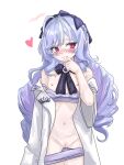 1girl absurdres aged_down blush bow bra bra_pull clothes_pull covered_nipples drill_hair gennizuu heart highres long_hair looking_to_the_side mole mole_under_eye multicolored_hair navel panties panty_pull petite pointy_ears purple_bow purple_bra purple_hair purple_panties pussy red_eyes shirt simple_background solo streaked_hair underwear vivian_banshee white_background white_shirt zenless_zone_zero 