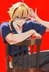  1boy adjusting_eyewear arm_rest belt bespectacled black_belt blonde_hair blue_shirt braid braided_ponytail chair collared_shirt commentary crossed_legs fate/strange_fake fate_(series) glasses grey_pants highres multicolored_hair official_alternate_costume pants rattail red_background red_eyes red_hair red_streaks richard_i_(fate) richard_i_(spectacle_style)_(fate) rimuro shirt short_sleeves simple_background single_braid sitting sitting_backwards smile solo streaked_hair twitter_username white_shirt wooden_chair 
