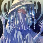  1girl blue_hair blunt_bangs bracelet commentary hat highres jewelry karpovakseni long_hair one_piece rain ringed_eyes solo twitter_username upper_body veil zaza_(one_piece) 