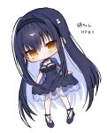  1girl black_choker black_dress black_hair black_hairband black_shoes blue_capelet blush breasts capelet character_name chibi chibi_only choker closed_mouth commentary dress dutch_angle eshiko frilled_choker frilled_dress frills full_body hair_between_eyes hair_ornament hairband happy_birthday highres holding_own_skirt kushima_kamome large_breasts long_hair looking_at_viewer medium_dress no_socks shoes sidelocks simple_background skull_and_crossbones skull_hair_ornament smile solo split_mouth standing straight_hair summer_pockets translated very_long_hair white_background yellow_eyes yellow_pupils 