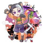  1boy aged_down amethio_(pokemon) animal_ears animal_hands ascot bell boots bow bright_pupils charcadet collared_shirt commentary_request gloves green_ascot green_bow halloween highres looking_at_viewer male_focus mikan_bako open_mouth orange_shirt paw_gloves pokemon pokemon_(anime) pokemon_(creature) pokemon_horizons purple_eyes shirt shorts standing star_(symbol) suspenders symbol-shaped_pupils tail tail_bow tail_ornament teeth triangle-shaped_pupils white_pupils 