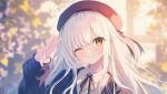  1girl akr_tmr beret blurry blurry_background brown_hat brown_jacket brown_ribbon collared_shirt commentary_request commission hat highres indie_virtual_youtuber jacket long_hair long_sleeves looking_at_viewer neck_ribbon one_eye_closed remone_id ribbon second-party_source shirt smile solo upper_body virtual_youtuber white_hair white_shirt yellow_eyes yellow_leaves 