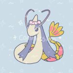  alternate_color antennae black_eyes blue_background blue_sclera bright_pupils chibi colored_sclera commentary_request commission flower full_body head_wreath joo_gumoon korean_commentary looking_at_viewer lowres milotic no_humans pink_flower pokemon pokemon_(creature) pokemon_focus shiny_pokemon simple_background solo standing white_pupils 